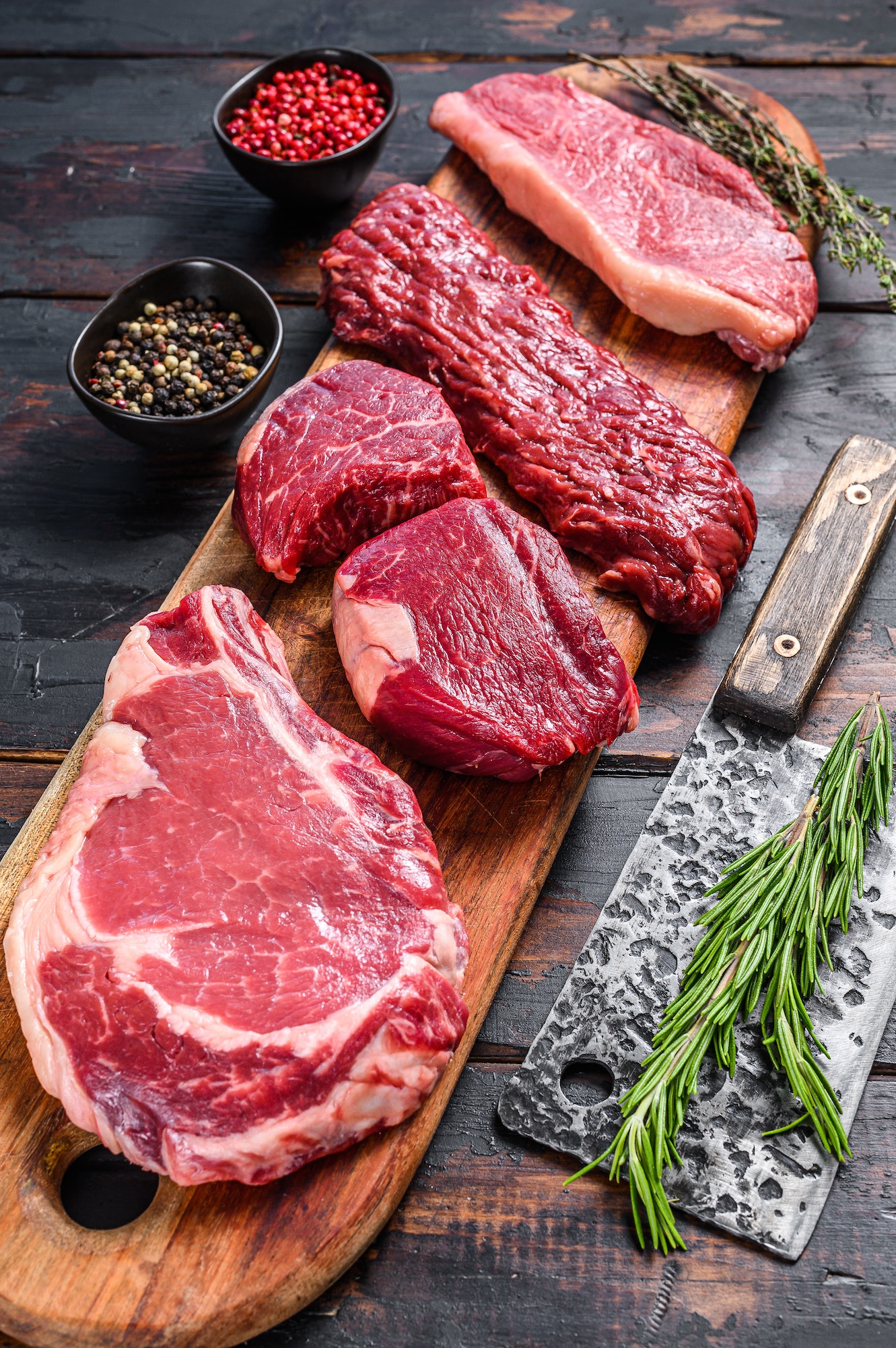 raw beef steaks Tenderloin fillet mignon, ribeye, Striploin or new york, skirt